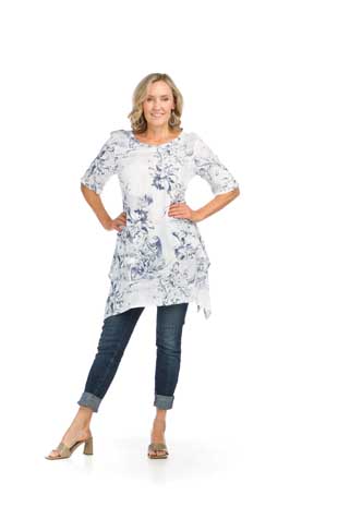 PT-16075 - FLORAL SHORT SLEEVE TUNIC WITH POCKETS - Colors: AS SHOWN - Available Sizes:XS-XXL - Catalog Page:57 